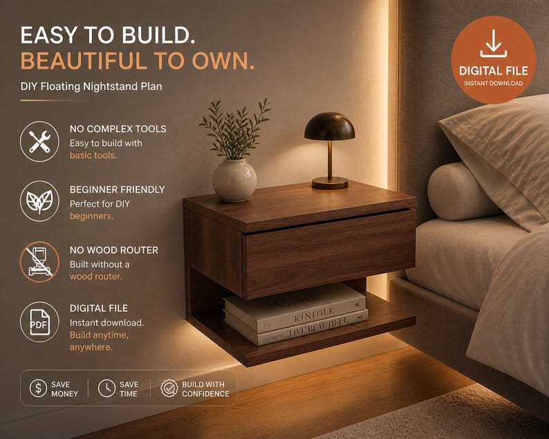 May include: A floating nightstand plan with the text "EASY TO BUILD. BEAUTIFUL TO OWN." The nightstand is made of dark wood and has a drawer and a lower shelf. A small lamp, a vase with greenery, and books are on the nightstand. The image also includes the text "DIGITAL FILE INSTANT DOWNLOAD."