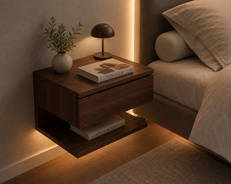 May include: A floating dark wood nightstand with a drawer and a lower shelf. A small lamp and a vase with greenery sit on top. The book "KINFOLK" is visible on the top. A second book, "LIVE BEAUTIFUL", is on the shelf below.