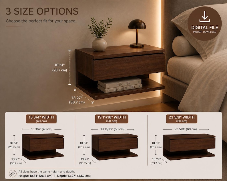 May include: A dark wood floating nightstand with a drawer and lower shelf, shown with three size options: 15 3/4" (40 cm), 19 11/16" (50 cm), and 23 5/8" (60 cm) wide. The height is 10.51" (26.7 cm), and the depth is 13.27" (33.7 cm).
