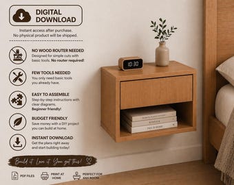 Floating Nightstand Plan PDF, DIY Wall Mounted Bedside Table, Floating Nightstand with Drawer, Easy Build Furniture