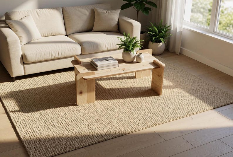May include: A light-colored wooden coffee table with a rectangular top and two side supports, featuring a stack of books and two small white ceramic vases with green plants on its surface, positioned in a room with a beige sofa and a textured rug.