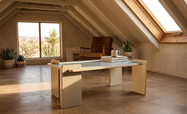 May include: A rectangular coffee table constructed from light-colored wood with a smooth, flat top surface and four vertical panel legs that slot into the tabletop edges. The table features a clean, light-toned finish and a simple, functional design.