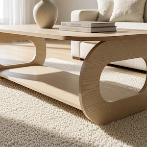 Puede incluir: Una mesa de centro de madera de color claro con una superficie rectangular y un estante inferior, sostenida por dos grandes paneles laterales de forma ovalada con centros abiertos. La mesa tiene un acabado liso de veta de madera natural.