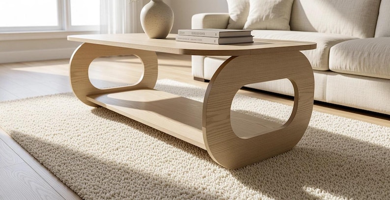 Puede incluir: Una mesa de centro de madera de color claro con una superficie rectangular y un estante inferior, sostenida por dos grandes paneles laterales de forma ovalada con centros abiertos. La mesa tiene un acabado liso de veta de madera natural.