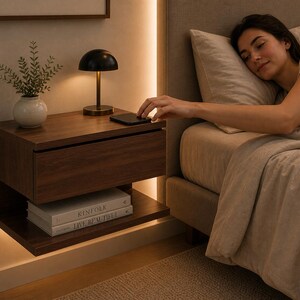 May include: A dark wood nightstand with a drawer and a lower shelf, illuminated by a warm light. A black lamp and a smartphone sit on top. A small vase with greenery is also on the nightstand. Two books are on the lower shelf.