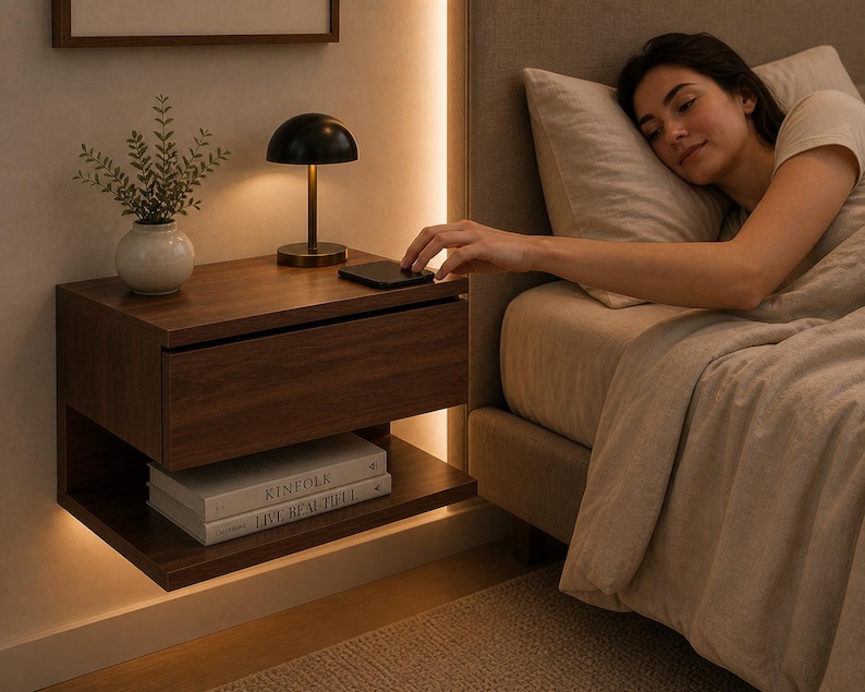 May include: A dark wood nightstand with a drawer and a lower shelf, illuminated by a warm light. A black lamp and a smartphone sit on top. A small vase with greenery is also on the nightstand. Two books are on the lower shelf.