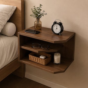 May include: A dark brown floating bedside table with two shelves. A black alarm clock, a smartphone, a small vase with greenery, a candle, a woven basket, and eyeglasses are on the table. The table is mounted on a beige wall.
