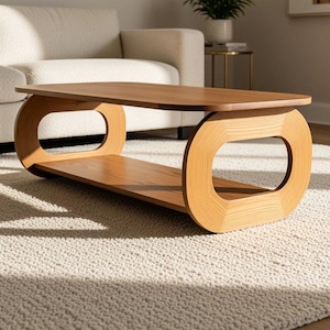 Puede incluir: Una mesa de centro de madera de color marr&oacute;n claro con una superficie rectangular lisa y un estante inferior. La mesa se apoya en dos paneles laterales s&oacute;lidos de forma ovalada con grandes aberturas rectangulares redondeadas en el centro.