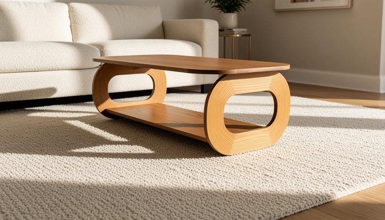 Puede incluir: Una mesa de centro de madera de color marr&oacute;n claro con una superficie rectangular lisa y un estante inferior. La mesa se apoya en dos paneles laterales s&oacute;lidos de forma ovalada con grandes aberturas rectangulares redondeadas en el centro.