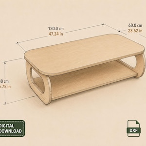 Puede incluir: Una mesa de centro de madera clara con un estante inferior y esquinas redondeadas. La mesa mide 120,0 cm de largo, 60,0 cm de ancho y 40 cm de alto. La imagen incluye un icono de descarga digital y etiquetas de archivos DXF y SVG.
