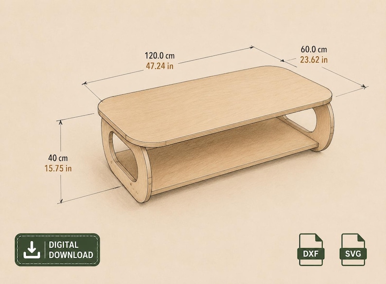 Puede incluir: Una mesa de centro de madera clara con un estante inferior y esquinas redondeadas. La mesa mide 120,0 cm de largo, 60,0 cm de ancho y 40 cm de alto. La imagen incluye un icono de descarga digital y etiquetas de archivos DXF y SVG.