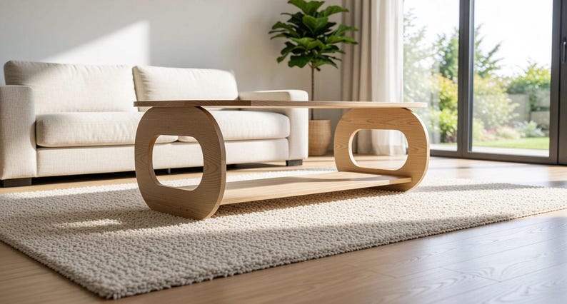 Puede incluir: Una mesa de centro de madera de color claro con una superficie rectangular lisa y un estante inferior, sostenida por dos paneles laterales redondeados de forma ovalada con centros abiertos, mostrando un acabado de veta natural.