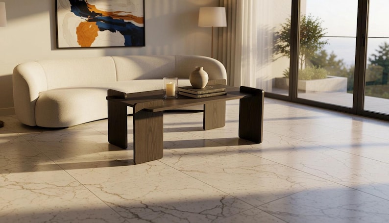 May include: A dark brown wooden coffee table with a rectangular top and wide, flat legs. The table is positioned in a room with light-colored marble flooring, featuring a clear glass candle holder and a small ceramic vase on its surface.