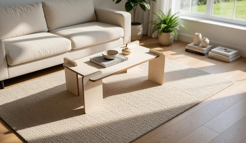 May include: A light-colored wooden coffee table with a rectangular top and two vertical slab legs. The table features a smooth, flat surface and a clean, structural design. It is positioned in a room with a light-colored sofa and a textured rug.
