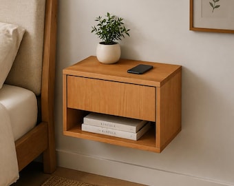 Plano de mesita de noche flotante en PDF, mesita de noche de pared para armar uno mismo, mesita de noche flotante con cajón, muebles de fácil construcción.