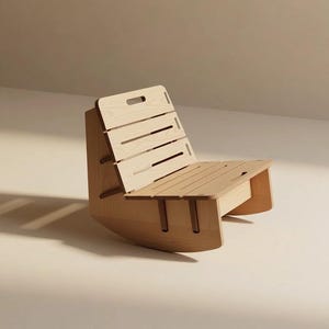 May include: A light-colored wooden rocking chair featuring a slatted backrest and seat design. The chair is constructed from flat panels with visible joinery, including a handle cutout at the top of the backrest and curved rockers at the base.