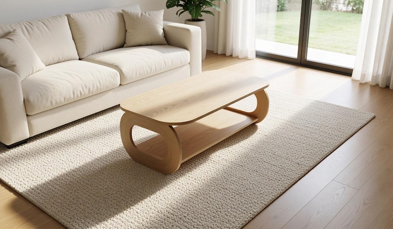 Puede incluir: Una mesa de centro de madera de tono claro con una superficie rectangular lisa de esquinas redondeadas y un estante inferior. La mesa se apoya en dos paneles laterales curvos y continuos que crean aberturas ovaladas en cada extremo.