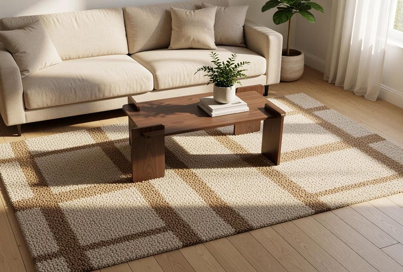 May include: A rectangular area rug featuring a textured, cream-colored base with a prominent grid pattern formed by thick, brown, woven lines. The rug is positioned on a light-toned wooden floor, partially underneath a dark brown wooden coffee table.