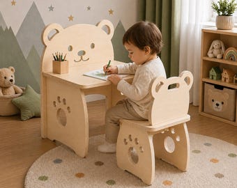 Planos para escritorio y silla con forma de oso / Muebles infantiles de madera contrachapada / Archivo CNC (Descarga digital)