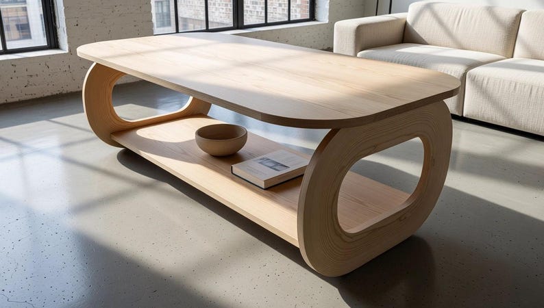 Puede incluir: Una mesa de centro de madera clara con una superficie rectangular de bordes redondeados y un estante inferior sostenido por dos grandes paneles laterales ovalados. Un cuenco peque&ntilde;o y sencillo y un libro cerrado descansan en el estante.