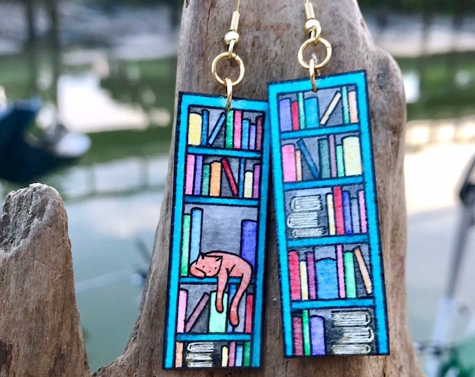 Cat on Bookshelf Earrings: Hand-Painted Watercolor, Personalized Jewelry