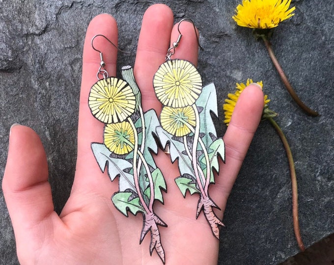 Wild Dandelion Earrings, Wearable Fine Art Painting, Boho Botanical Gift, Oversized, Lightweight