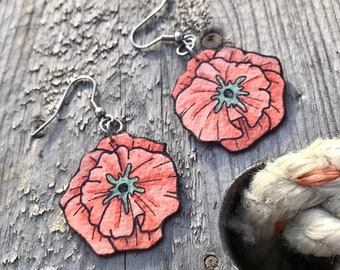 Poppy Flower Earrings, Burnt Orange, Boho Chic, Botanical Gift for Her