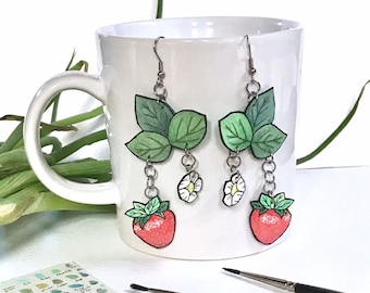 Summer Strawberry Patch Dangle Earrings, Quirky Novelty Gift, Hand Painted