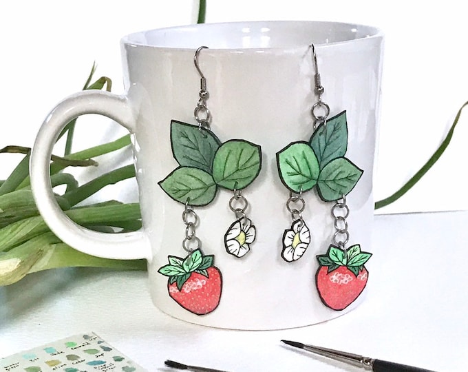 Summer Strawberry Patch Dangle Earrings, Quirky Novelty Gift, Hand Painted