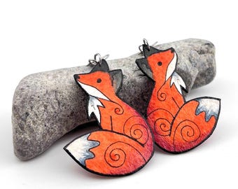Red Fox Earrings, hand Painted, Whimsical Jewelry, Light Weight