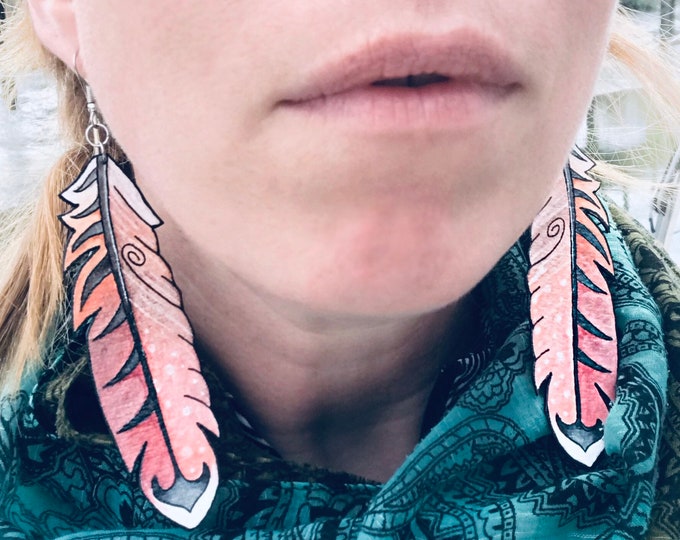 Pink Boho Feather Earrings, Festival Wear, Pagan Spirit Jewelry, Oversized, Hand Painted