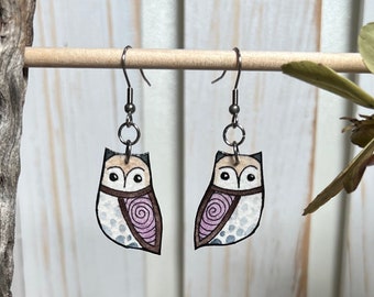 Boho Horned Owl Earrings, Celtic Spiral, Hand Painted, Lightweight