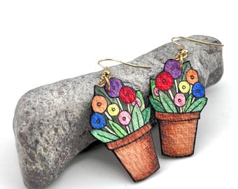 Flower Pot Earrings, Hand Painted