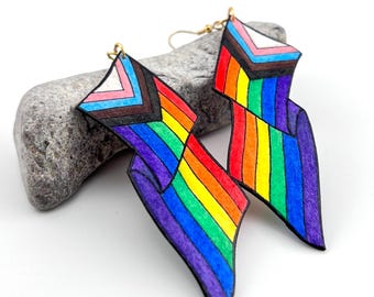 Progress Flag Earrings, LGBTQ+ Pride Jewelry, Oversized, Hand Made, Lightweight