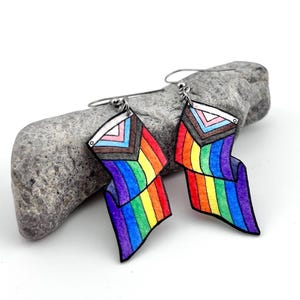 Progress Flag Earrings, LGBTQ+ Pride Jewelry, Medium Sized, Hand Made, Lightweight