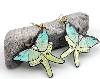 Lunar Moth Earrings, Hand Painted, Whimsical Jewelry, Light Weight