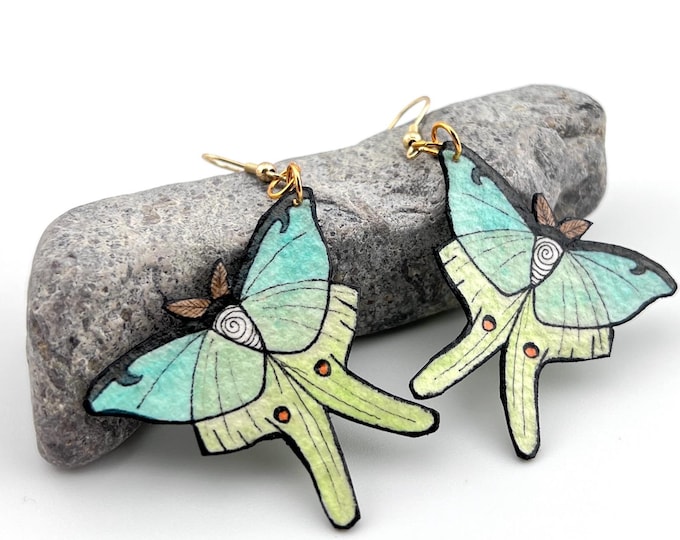 Lunar Moth Earrings, Wearable Fine Art Painting, Spirit Animal, Boho Jewelry, Insect Gift
