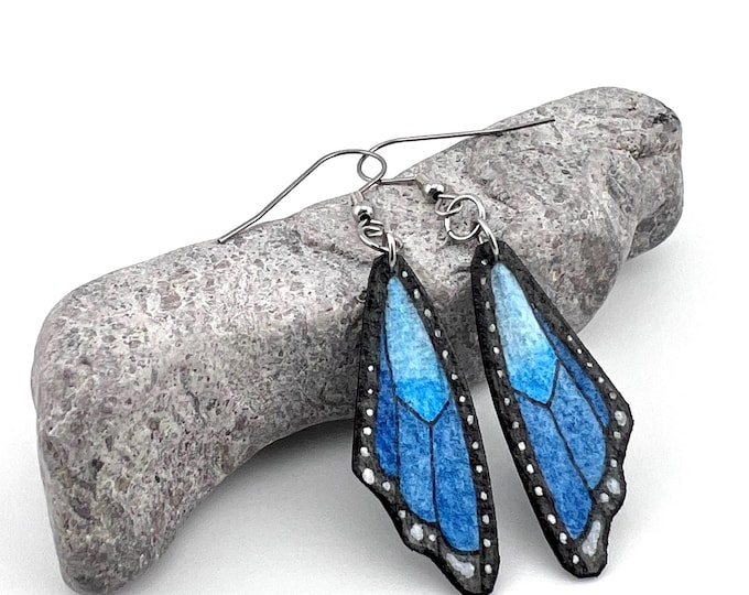 Blue Butterfly Wing Earrings, Hand Painted, Lightweight