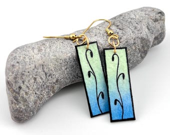 Ombre Tile & Vine Earrings, Green-Blue, Hand Painted