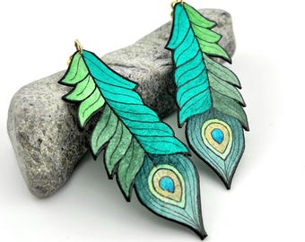 Large Peacock Feather Earrings, Hand Painted, Whimsical Jewelry, Light Weight