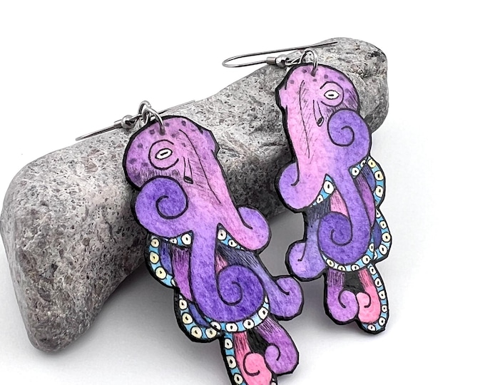 Large Octopus Earrings, Purple/Pink, Sea Creature Jewelry, Lightweight, Hand Painted Watercolor