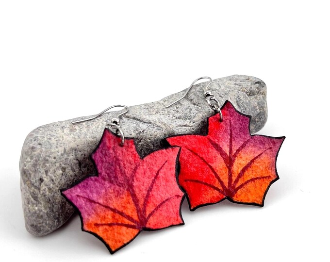 Hand-Painted Maple Leaf Dangle Earrings: Autumn Watercolor Art
