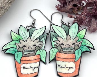 Screaming Mandrake Earrings, Hand Painted, Whimsical Jewelry, Light Weight