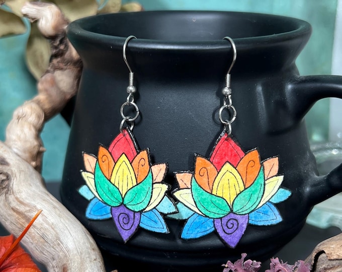 Rainbow Lotus Flower Earrings, Hand Painted, Lightweight