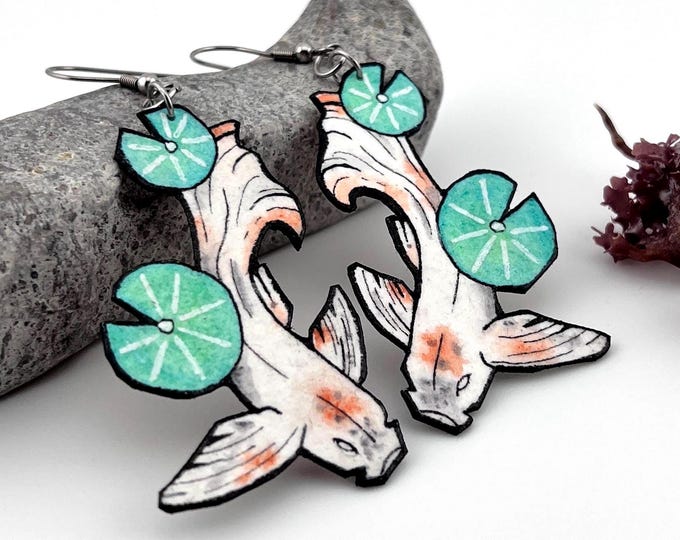 Koi Pond Goldfish Earrings, Wearable Fine Art Painting, Lily Pad Jewelry