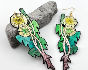 Wild Dandelion Earrings, Wearable Fine Art Painting, Boho Botanical Gift, Oversized, Lightweight