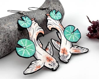 Koi Pond Goldfish Earrings, Wearable Fine Art, Original Ink & Watercolor Painting
