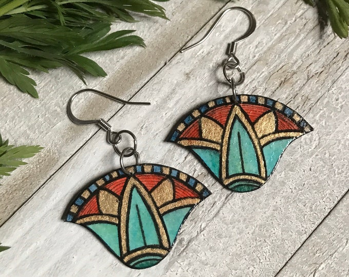 Blue Lotus Flower Earrings, Egyptian Revival Jewelry, Woman's Gift, Hand Painted, Lightweight