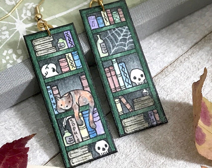 Gothic Cat Earrings, Alchemist Bookshelf, Skulls, Goth Gift, Personalized