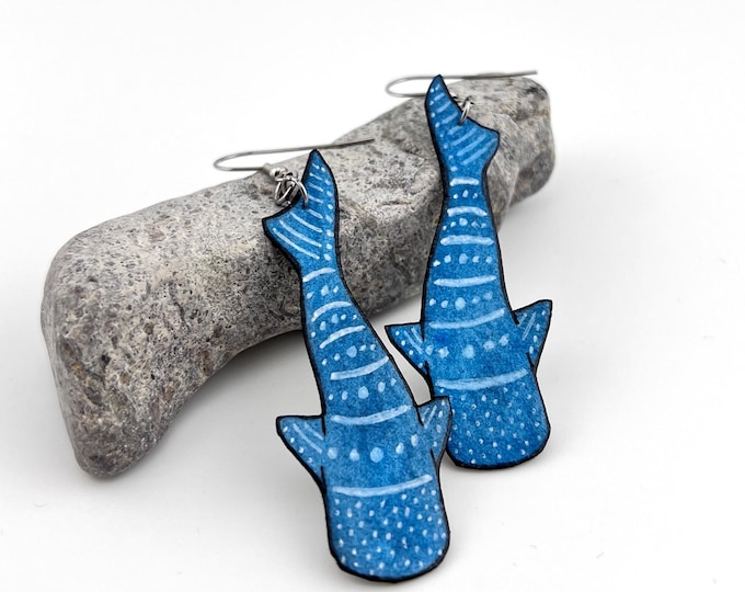 Blue Whale Shark Earrings, Hand Painted, Lightweight